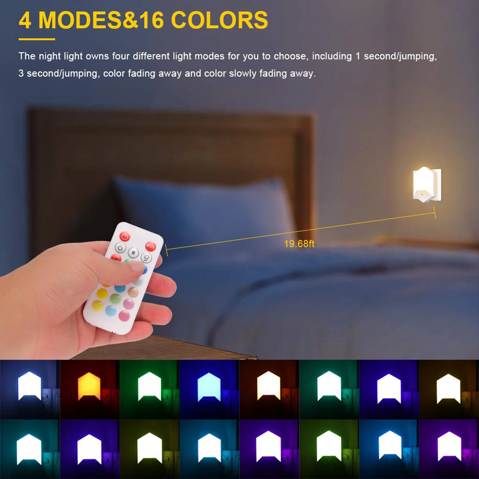 

Brightness Adjustable Dimmable Plug in Night Lamp 16 Colors RGB LEDs with Controller 4 Dynamic Lighting for Cloakroom Cupboard