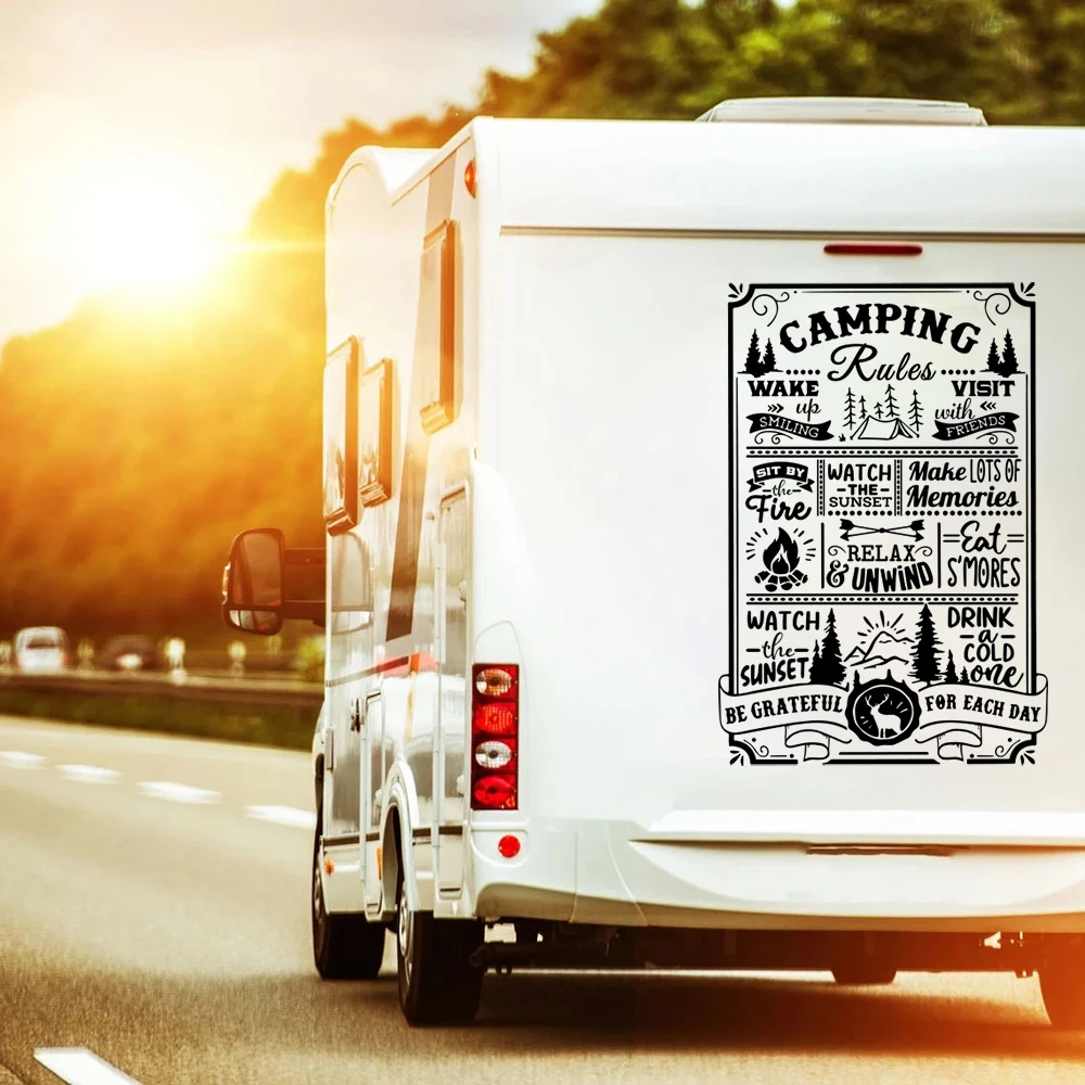 

Camping Rules Travel Quote RV Truck Sticker Decal Motorhome Caravan Sedan Wagon Eat Drink Adventure Vinyl