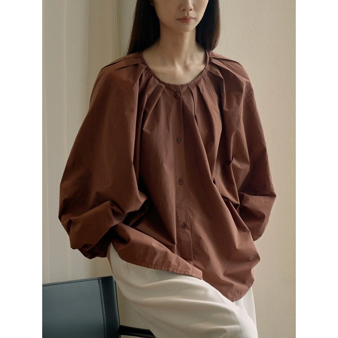 

Women's Lantern Sleeve Ruched Neck Loose Button Up Blouse Brown White Autumn Tops