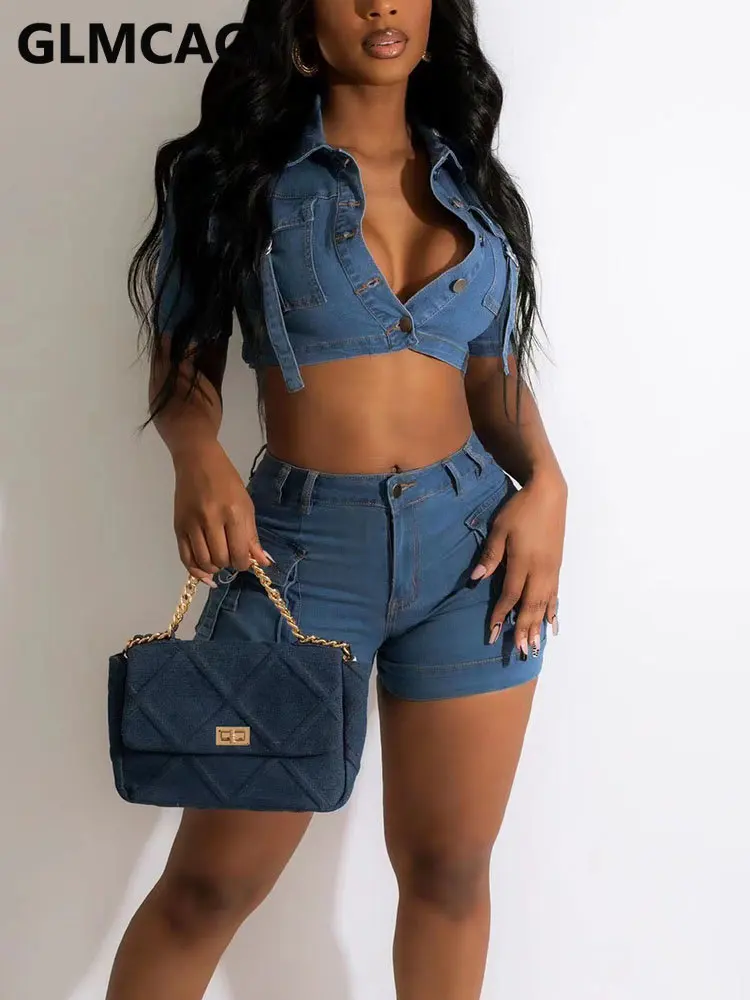 

Women 2 Piece Summer Denim Suits Short Sleeve Buttoned Crop Top & Slim Shorts Set