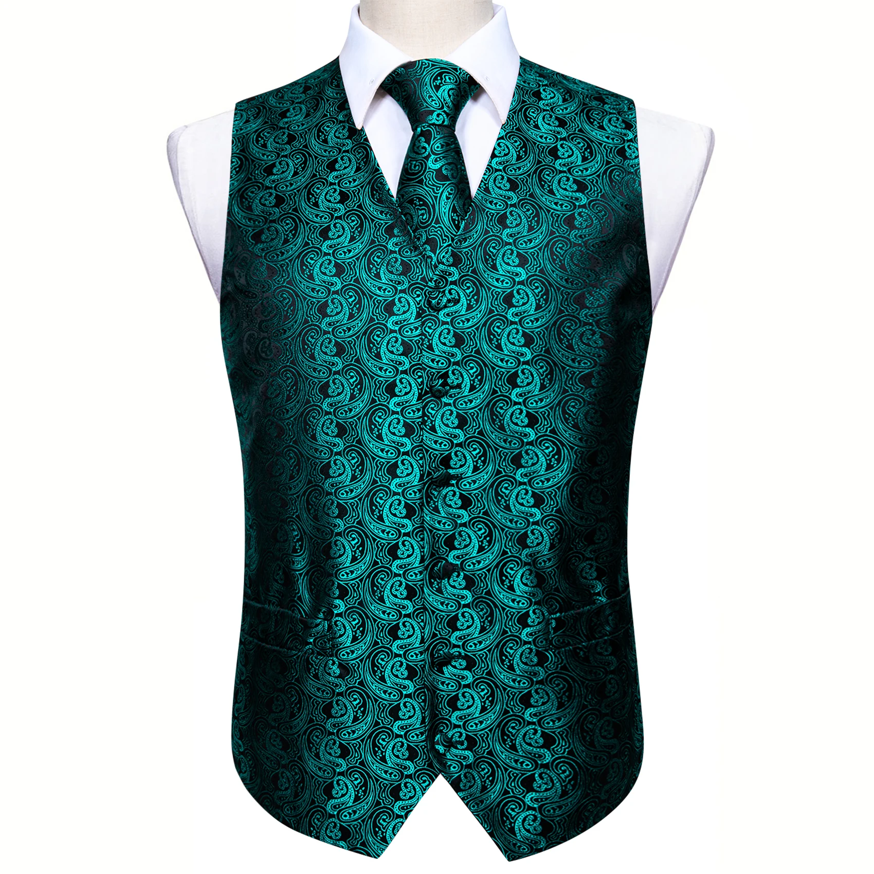 Green Silk Vest Waistcoat Men Slim Suit Vest Black Paisley Necktie Handkerchief Cufflinks Tie Vest Business Barry.Wang Design