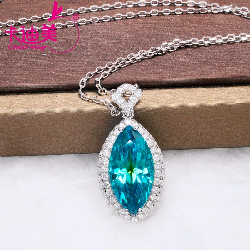 CADERMEAY Fine Jewelry 925 Silver Marquise Brilliant Cut Gemstone Natural Blue Topaz Pendant Necklace For Women Party Gift