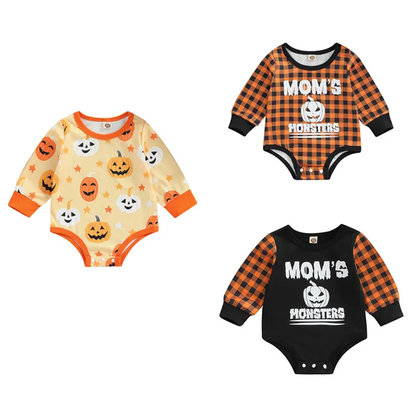 

Baby Romper Halloween Plaid Letter Pumpkin Print Long Sleeve Crew Neck Bottom Snap Jumpsuit, 3-18Months