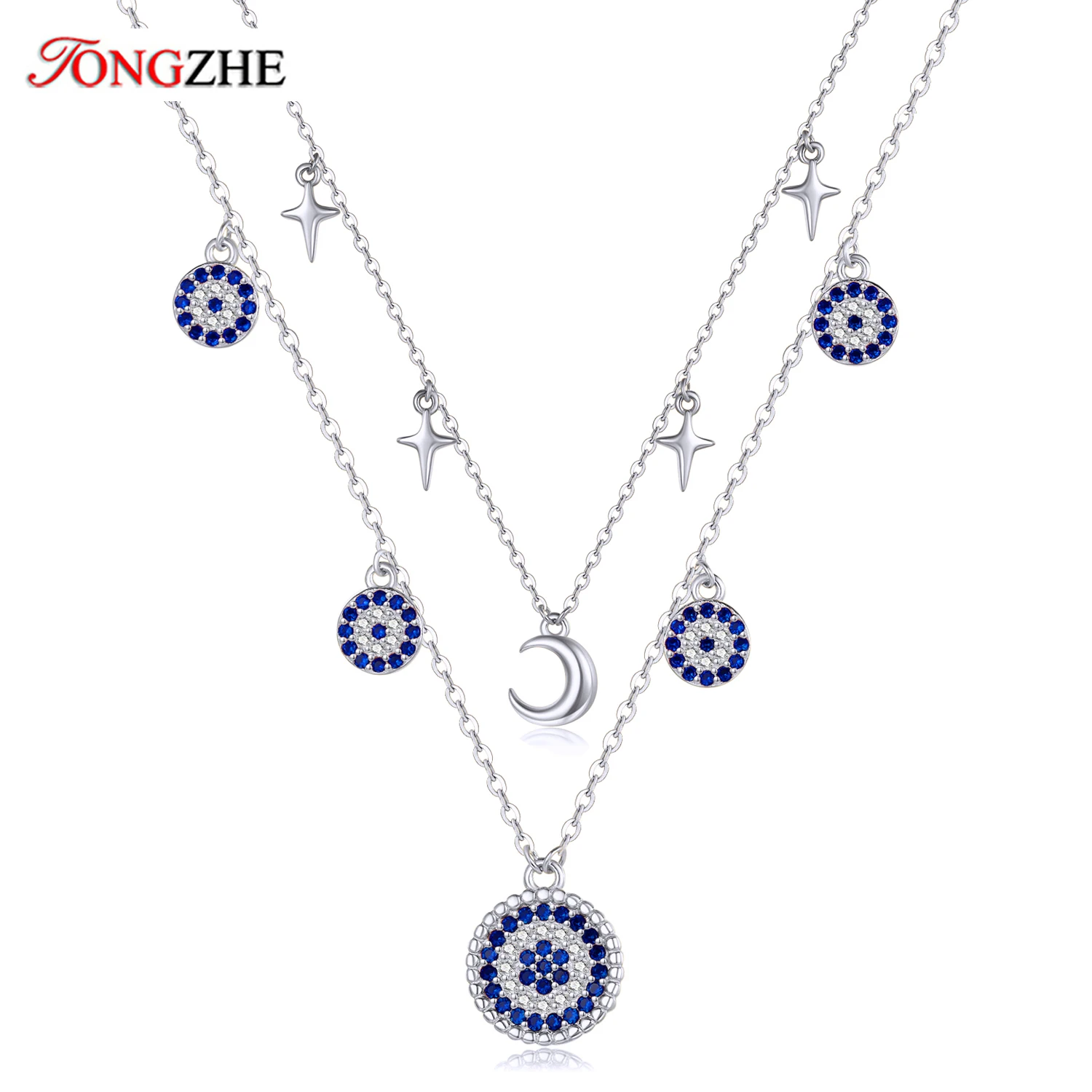 

TONGZHE 925 Sterling Silver Evil Eye Moon Necklace For Women Fancy Blue Store Link Chain Choker Necklace Jewelry