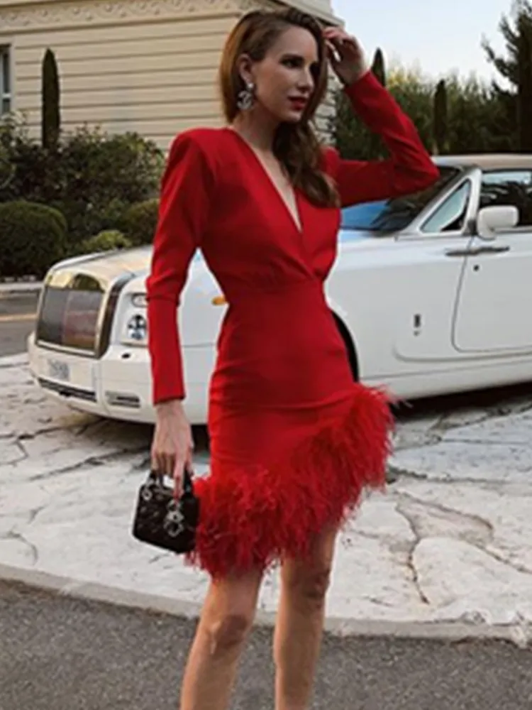Women Red Long Sleeve Autumn Dress Deep V Neck Asymmetric Furry Elastic Bandage Dresses Celebrity Eveing Club Party Outfits