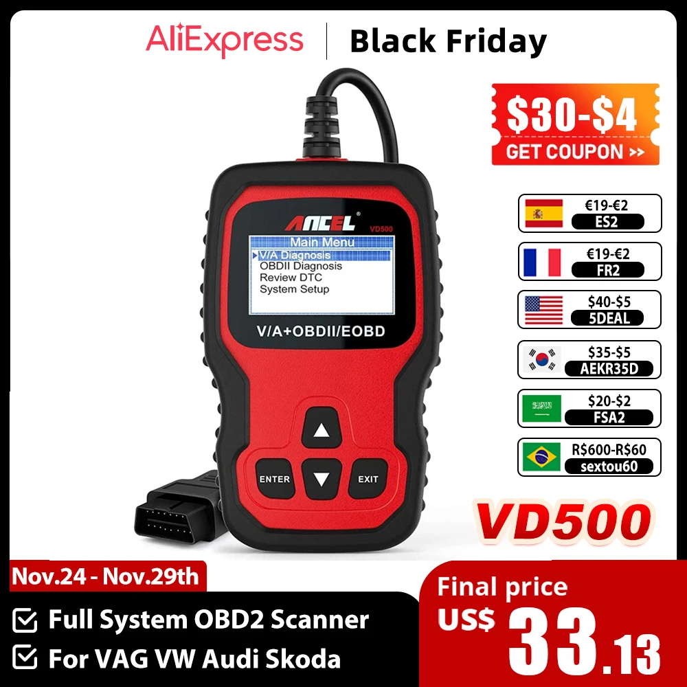 

Ancel VD500 OBD2 Scanner Full System Automotive Code Reader Airbag ABS EPB Oil Reset Car Diagnostic Tools For VAG VW Audi Skoda