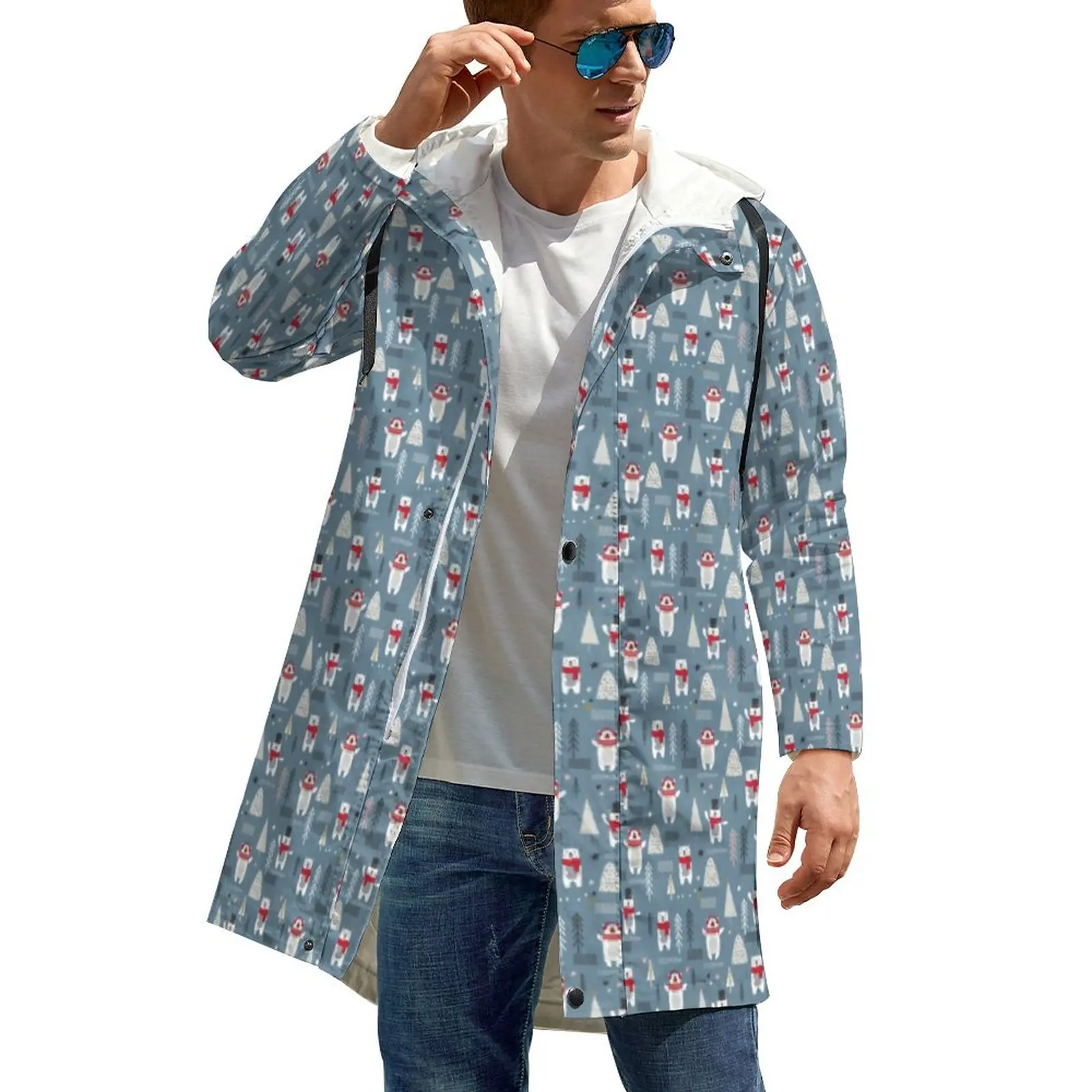 

Christmas Trees Winter Casual Jackets Polar Bears Print Elegant Loose Trench Coats Men Design Classic Windbreakers Gift