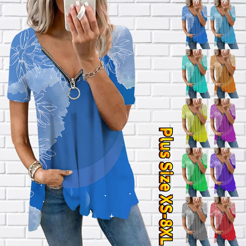 

2023 Sumemr Модный женский пуловер на молнии с коротким рукавом, оверсайз, Повседневная футболка с V-образным вырезом, футболка, топы с 3D принтом