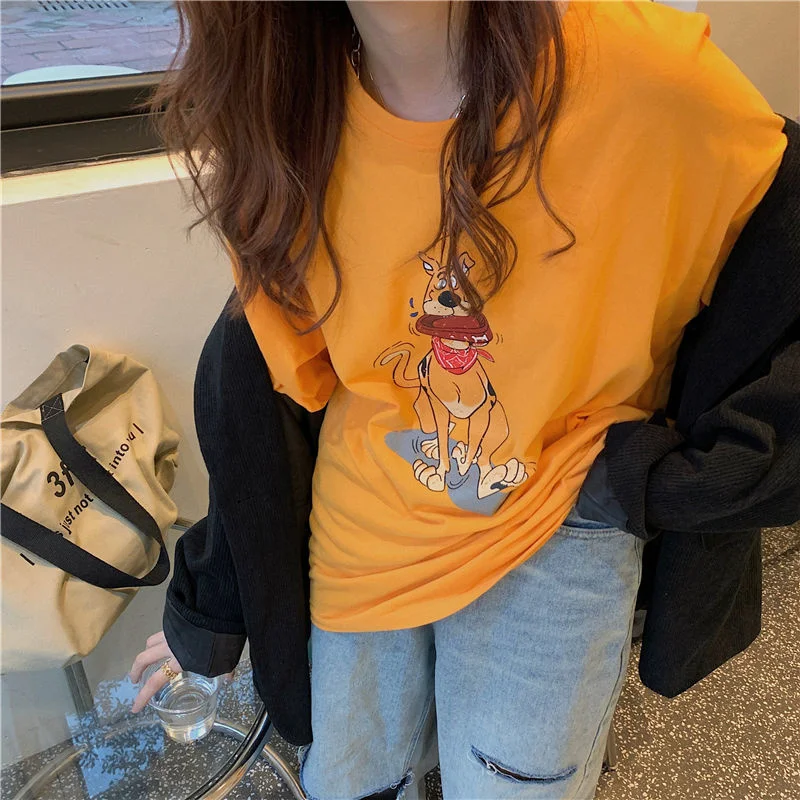 

Funny Dog Print Short Sleeve Women's T-shirt Orange White Summer Women T-shirt Tops