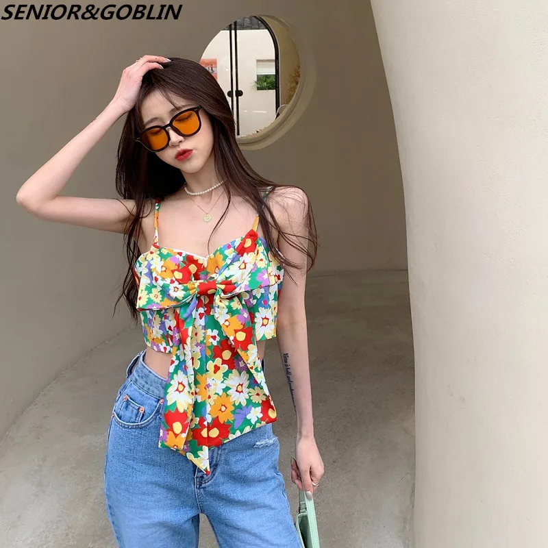 

2022 Korean Women Sexy Strapless Top Spring Summer High Waist Crop Tops Tanks Camellia Bowknot Short Sling Printed Vest