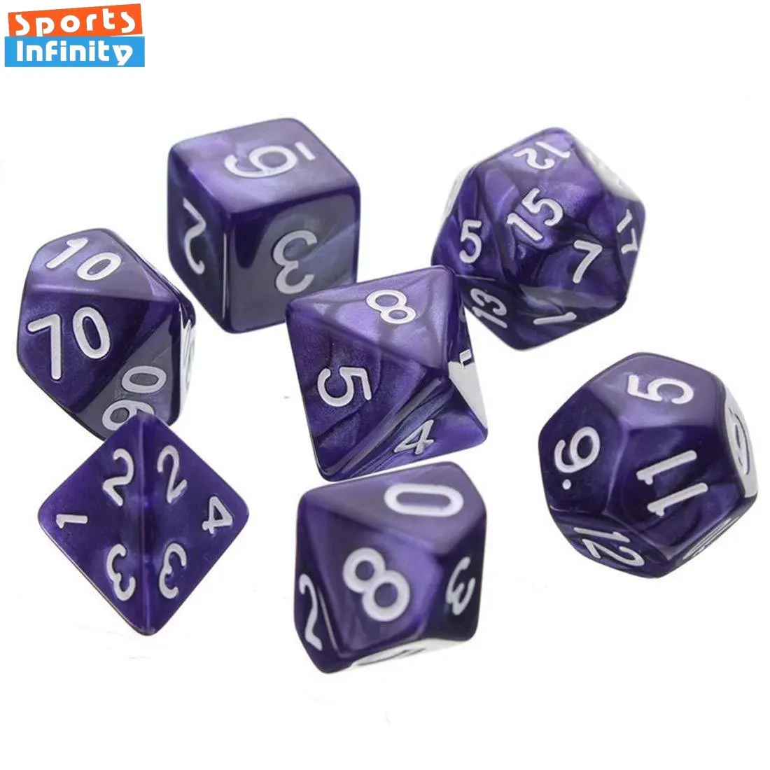 

7 Pcs Set Pearl Purple White Digital Dice D4 D6 D8 D10 D% D12 D20 Polyhedral Percentage Dices Kit for DND TRPG Board Games Party