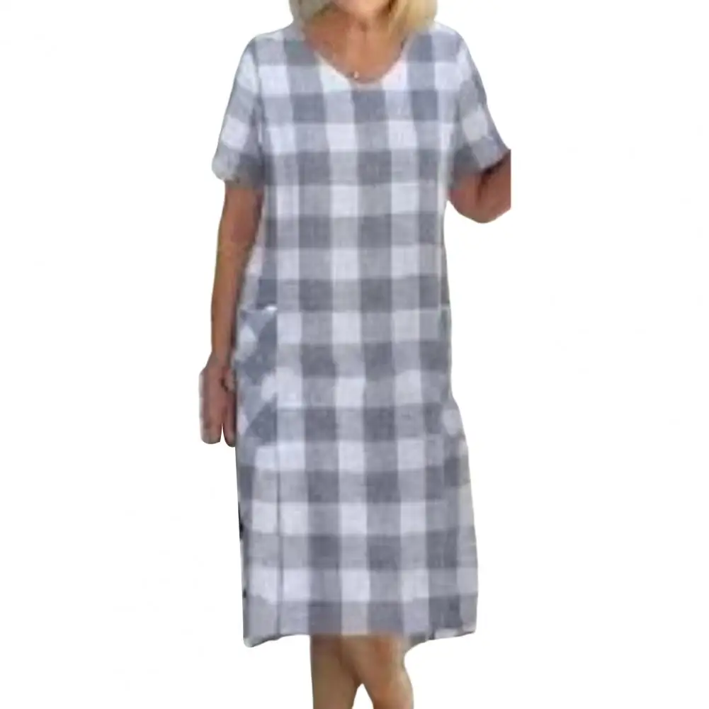 

Summer Women Dress V-Neck Plaid Print Loose Pullover Vestidos Streetwear