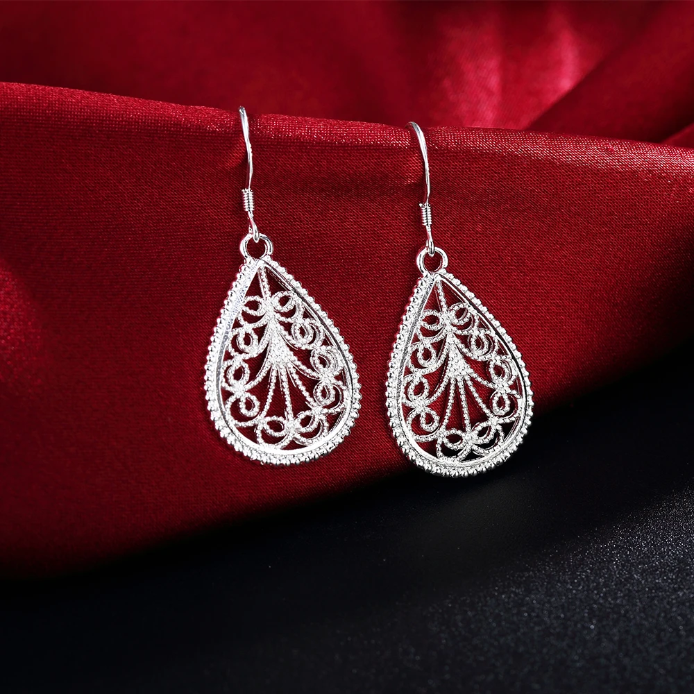 

Selling Party 925 Sterling Silver Earrings for Women Fine Jewelry Valentine's Day Gift Romantic Carved Drop Shape