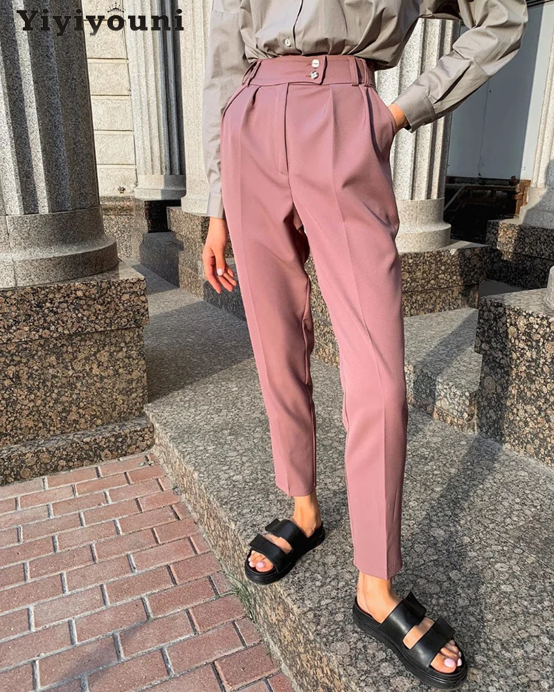 Yiyiyouni Spring High Waist Loose Suit Pants Women Solid Button Zipper Pencil Pants Female Pockets Black Trousers Office Lady