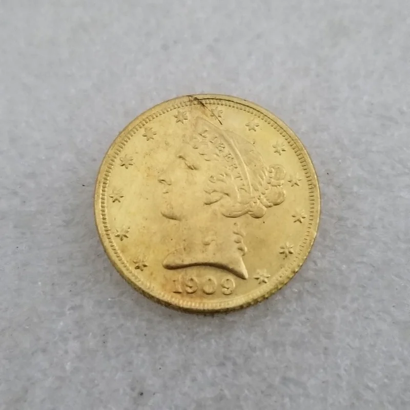 

American 1909 5 Dollars Brass Gold-plated Commemorative Collectible Coin Gift Lucky Challenge Coin