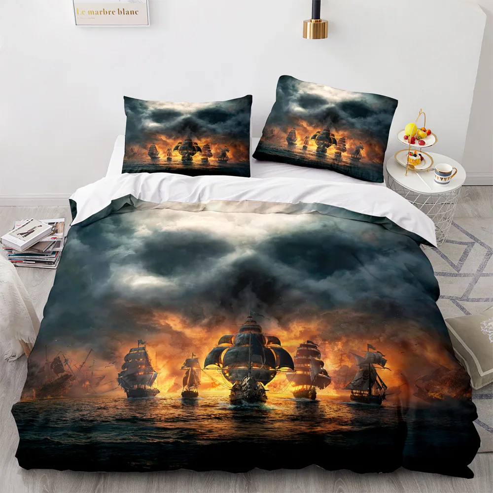 

Vintage Sailboat King Queen Duvet Cover Nautical Ocean Bedding Set for Teens Adults Ship Fire Black 2/3pcs Polyester Quilt Cover