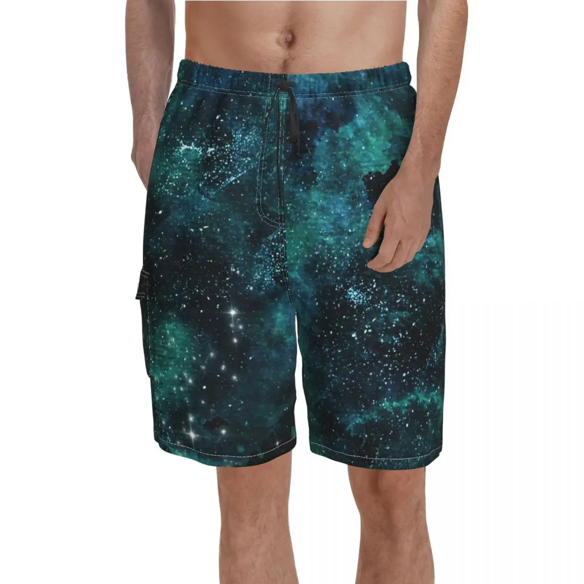 

Teal Galaxy Design Board Shorts Space Stars Print Men Funny Beach Short Pants Trenky Custom Large Size Swim Trunks