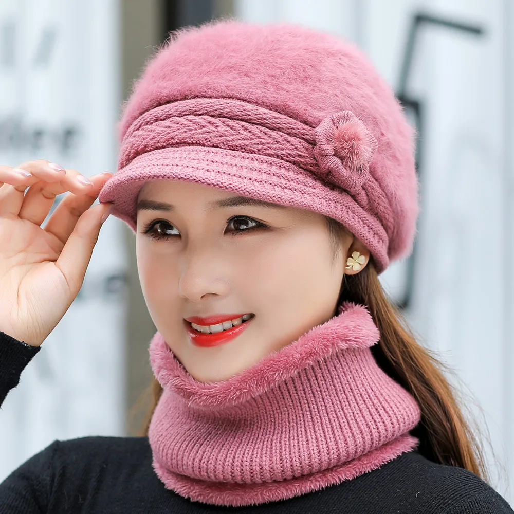 

New Women Winter Hat Keep Warm Cap Add Fleece Hat & Collar Warm Suit For Female Casual Outdoor Rabbit Fur Knitted Hat