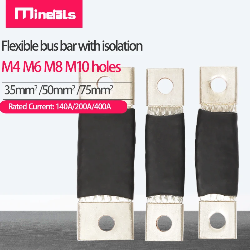 72mm Flexible Bus Bar 35mm2 50mm2 75mm2 For 140A 200A 400A Plated Copper Busbar M4 M6 M8 M10 Battery Isolation Braided Strap