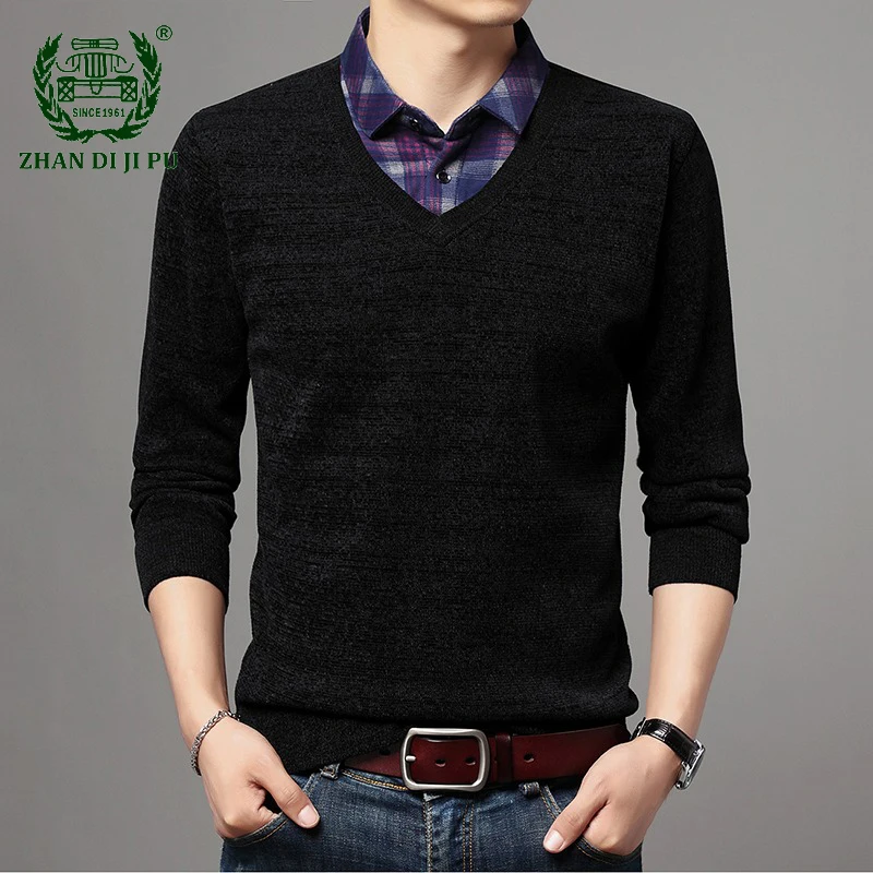 

Корейский модный мужской свитер с имитацией двух воротников, повседневный джемпер, Мужская одежда, Высококачественный бархатный новый модный брендовый вязаный пуловер