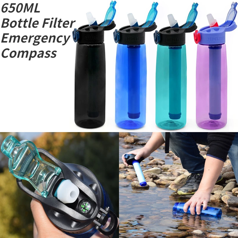 

650ml Water Kettle Leak-Proof Shaker Bottle with Filter Outdoor Fitness Running Gym Training Survival Bottles Compass Emergency