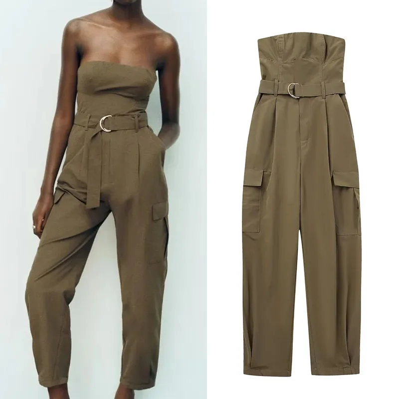 

TRAF Woman Belted Strapless Jumpsuit Wide Elastic At Back Sleeveless Jumpsuits Straight Neck Self-Belt Jumpsuit Summer Commuter