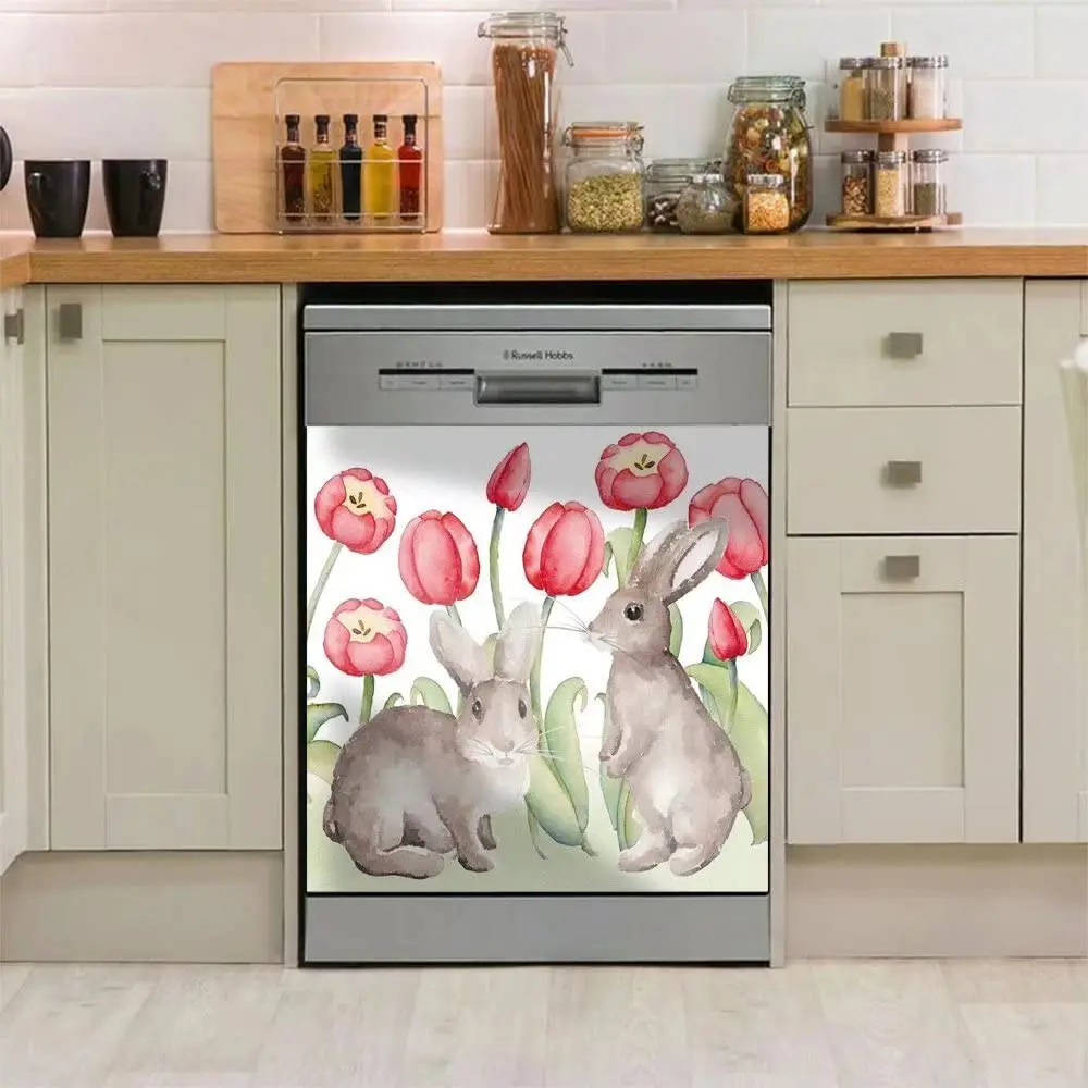 

Easter Bunny and Flowers Kitchen Decorative Heat-Resistant Dishwasher Cover Magnet Sticker,Flower Washing Machine Refrigerator P