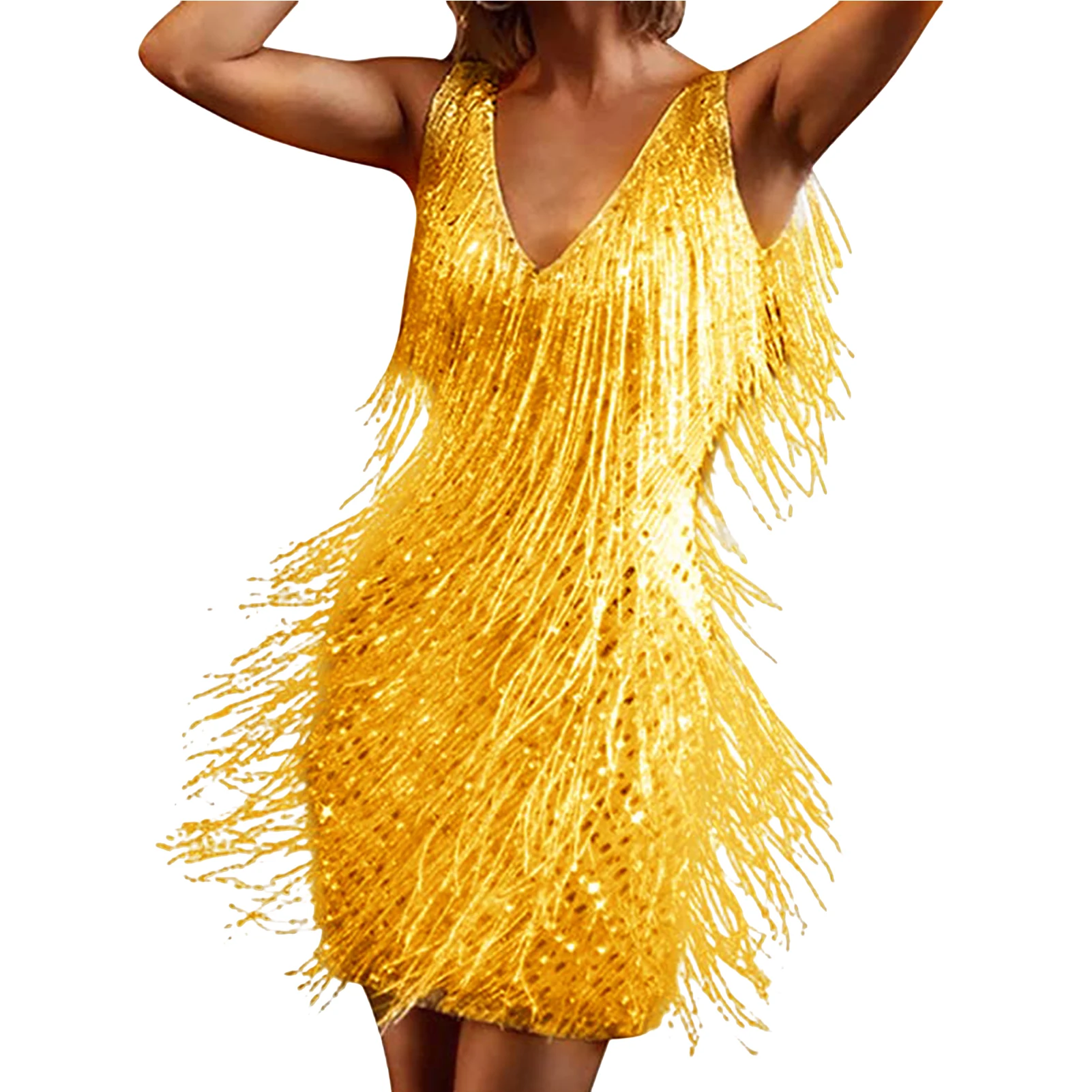 

Sexy Tassel Party Dress American Retro Style V Neck Slim Nightclub Sequin Skirt Sleeveless Solid Color S-XXL Party Club Costumes