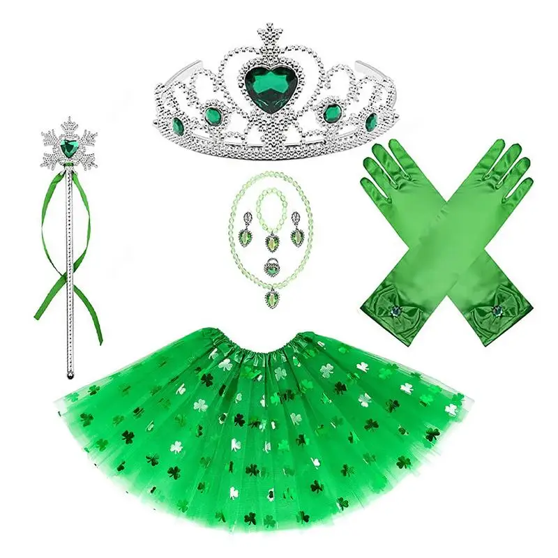 

St. Patrick's Day Princess Dress Up Set Green Shamrock Girls Outfits Dress Up Kit Contain Green Clover Skirt Crown Wand Gloves