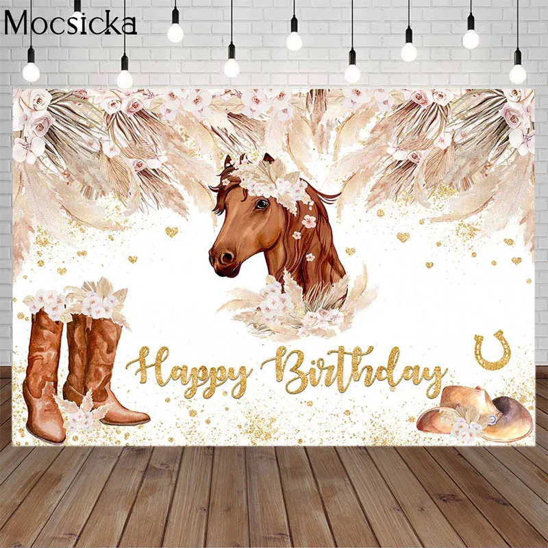 

Mocsicka Cowboy Horse Theme Birthday Portrait Photo Background Saddle Pampas Grass Party Banner Decoration Backdrop Photo Studio