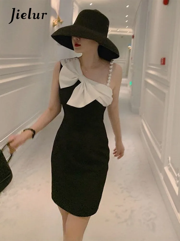 

Jielur Korean Fashion Evening Party Dresses Women 2022 Summer Vintage Mini Dress Bow Design Sleeveless Sexy Y2K Dress