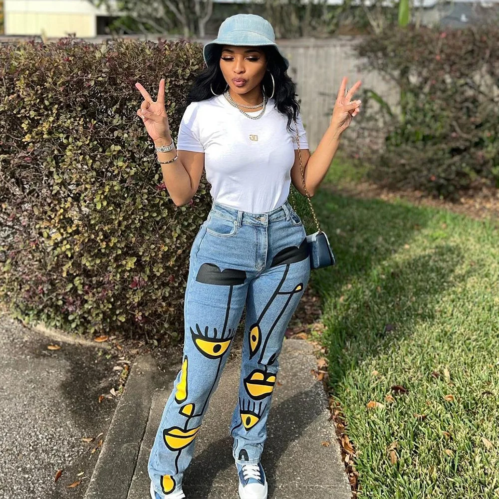 

Fashionable Jeans For Women 2022 Ladies Casual Streetwear Bottoms Personalized Pattern Print Straight Leg Denim Pants Light Blue