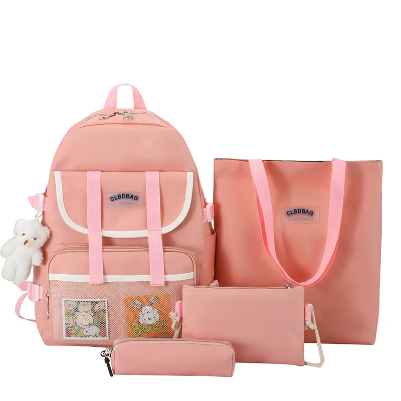 

2023 Solid Color Four-piece Set Simple Small Fresh Schoolbag Fashion Student Korean Large Capacity Backpack Daily with Cute Girl