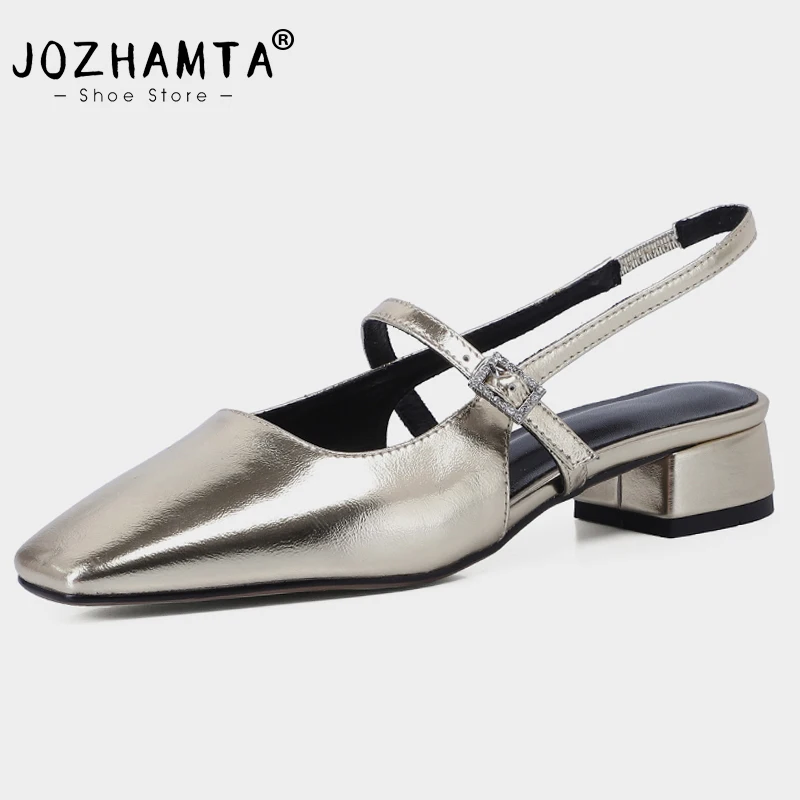

JOZHAMTA Size 33-41 Sandals Women 2023 Real Leather Chunky Heels Summer Shoes For Women Buckle Low Heel Elegant Gold Sandalias