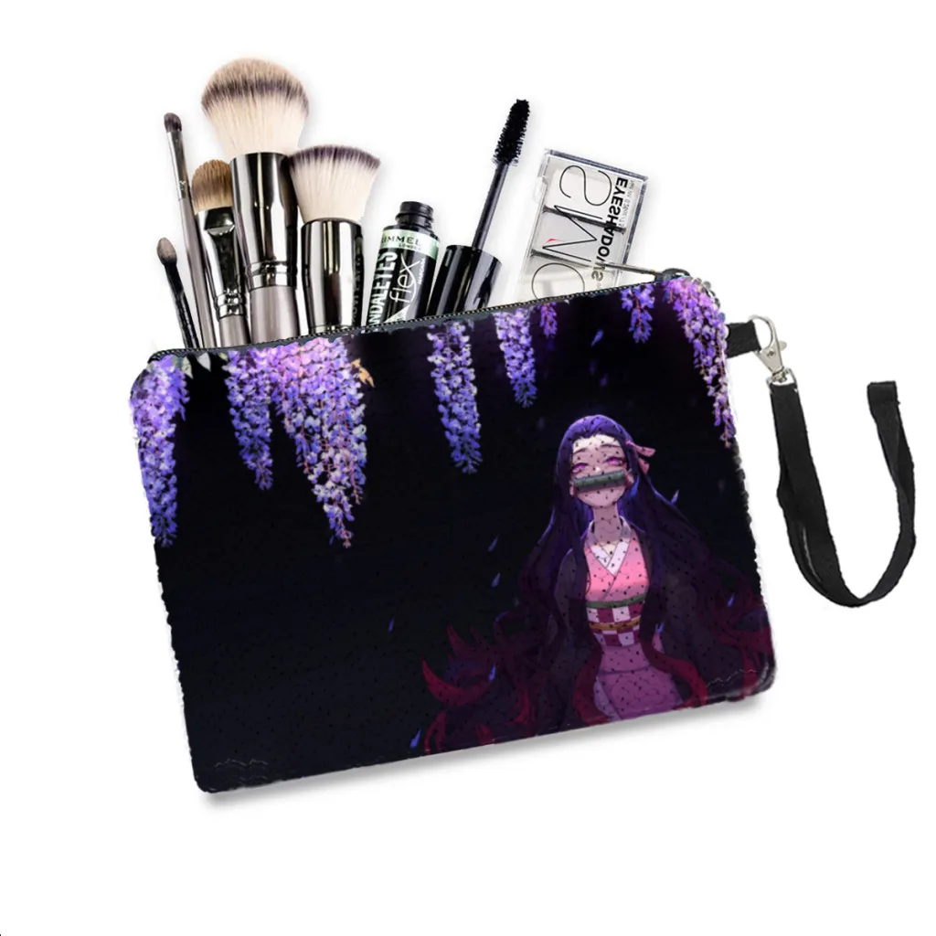 

Nezuko Sequins Makeup Bag Demon Slayer Anime Women Girl Glitter Portable Cosmetic Bag Small Organizer Pouchs Travel Storage