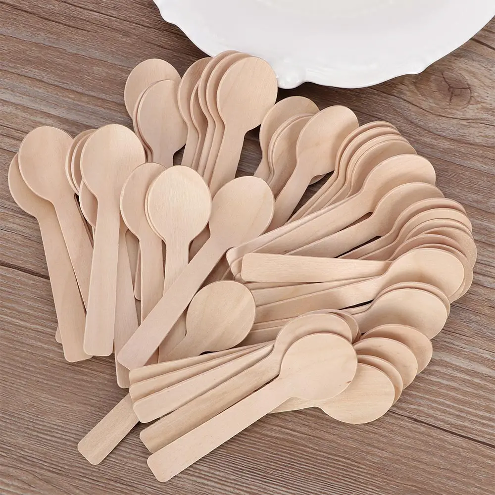 

100Pcs Mini Ice Cream Spoon Wooden Disposable Wood Dessert Scoop Western Wedding Party Tableware Kitchen Accessories Tool