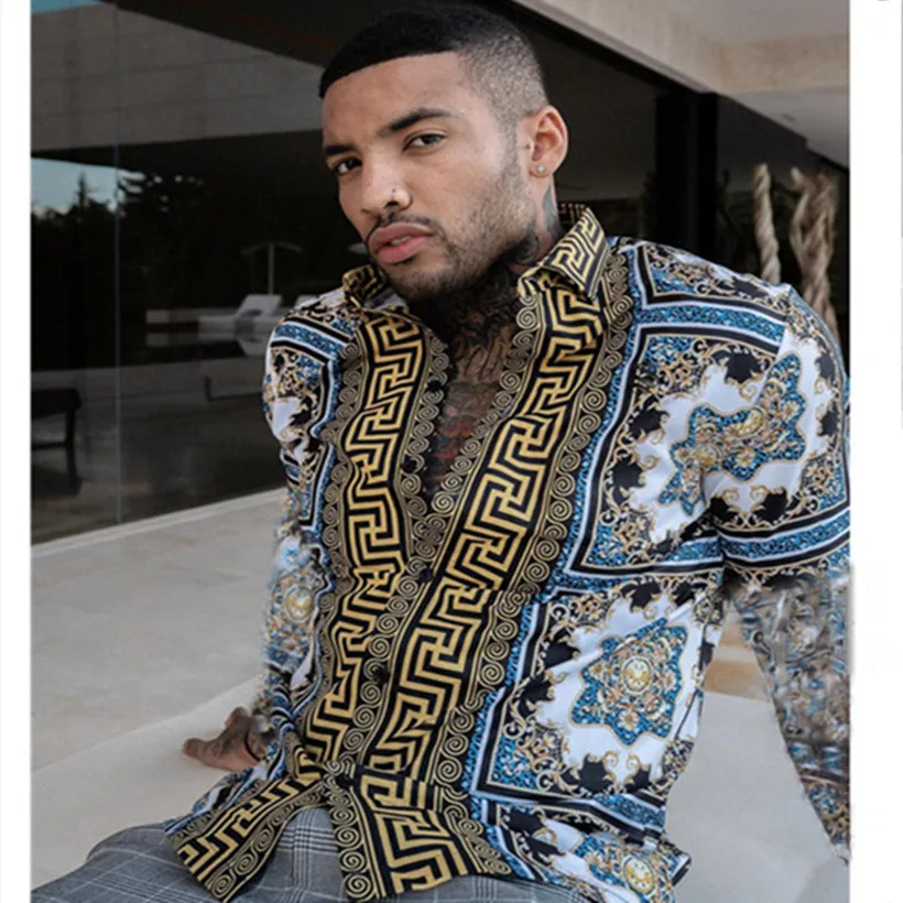 

Man Vintage Tide Turn-Down Collar Shirt 2021 New Men Ethnic Print Single Breasted Long Sleeve Casual Shirt Poleras Hombre