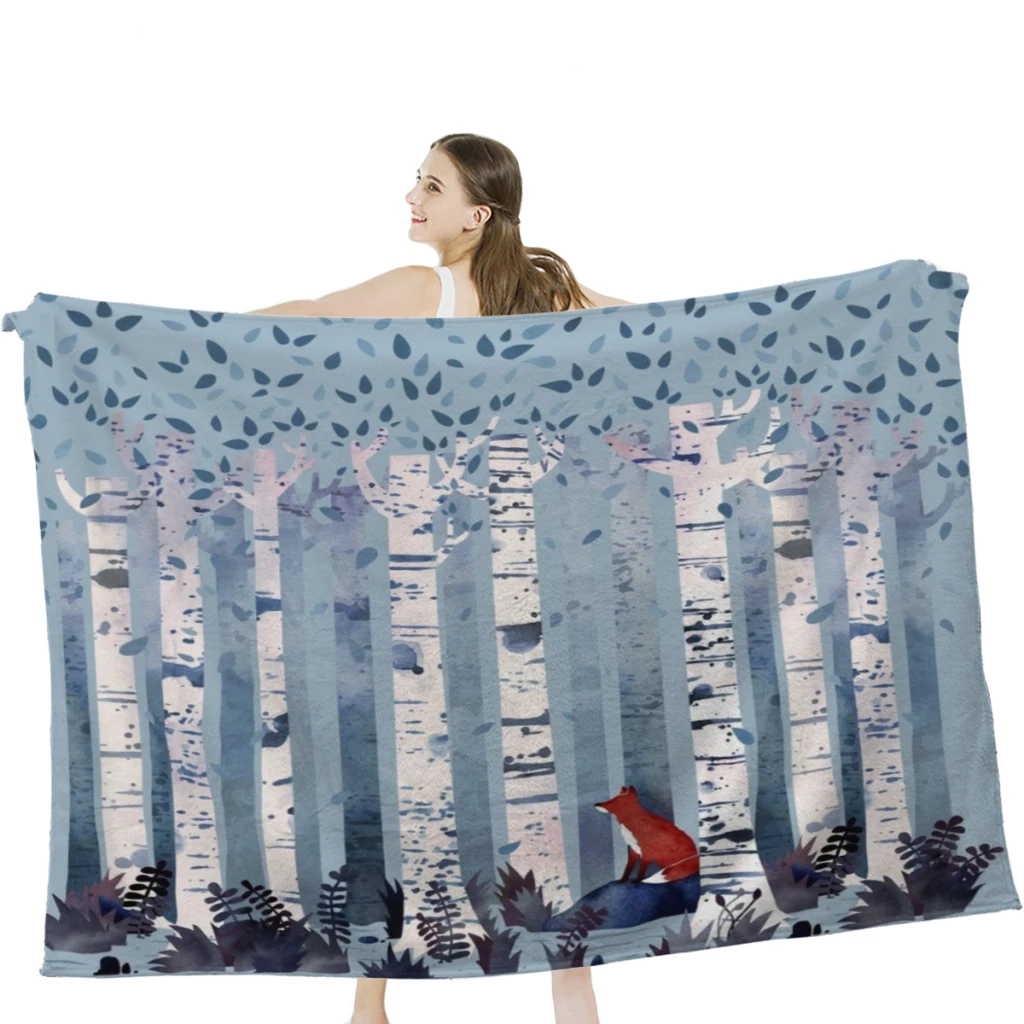 

The Birches (in Blue) Throw Blanket Soft Velvet Blanket Camping ,Travel Bedding Blanket