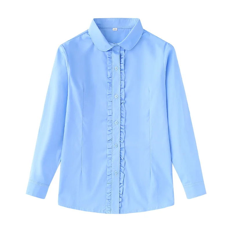 

Girls School Uniform Shirt Blue Lace Design Kids Long Sleeve Blouse For Youth Children 8 10 12 14 15 Years Wear LC511