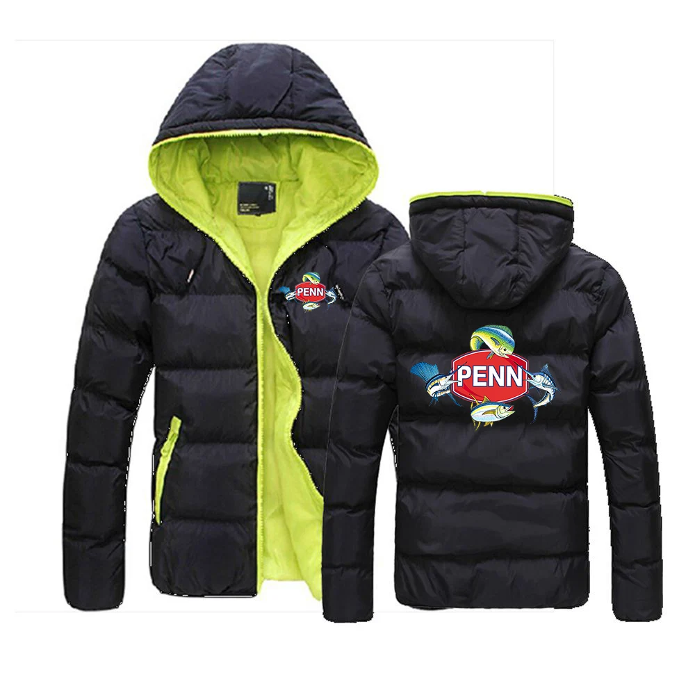 

Penn Fishing Reel 2023 Men's New Winter Color Block Zip Hooded Jacket Cotton Coat Slim Fit Fashion Thick Warm Outwear Tracksuit