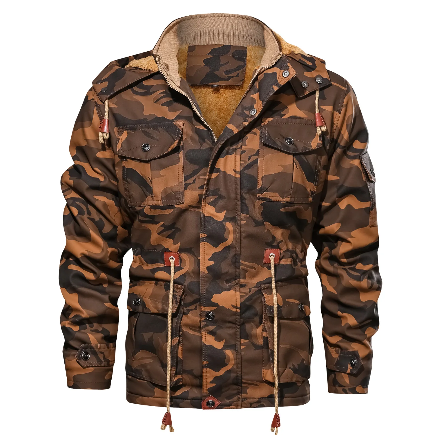 Joobox 2022 Men Camouflage Leather Jacket Removable Hood Adjustable Waist Flap Pockets Zipped Vintage Jacket
