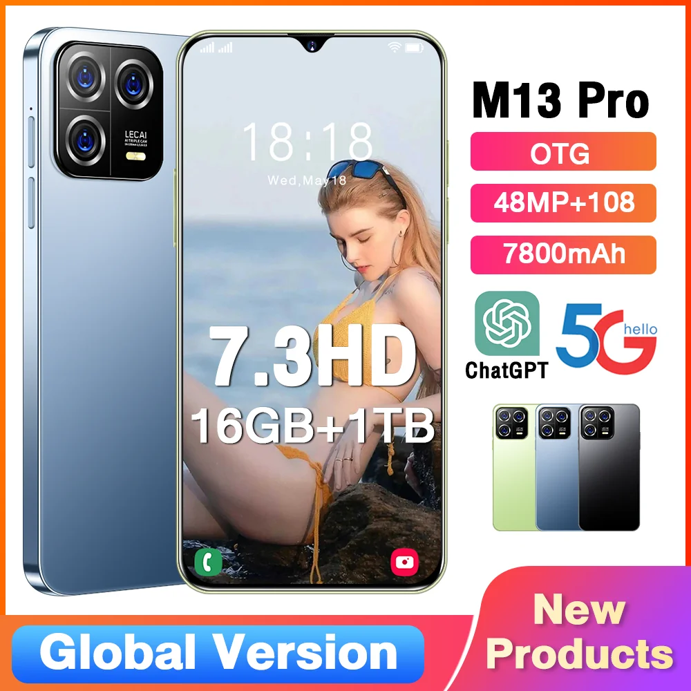 

Original Unlocked M13Pro 5G Mobile Phone 7.3HD Full Screen 16+1TB SmartPhone 4G /5G Dual Sim 48MP+108MP 7800Mah Android 13 Brand
