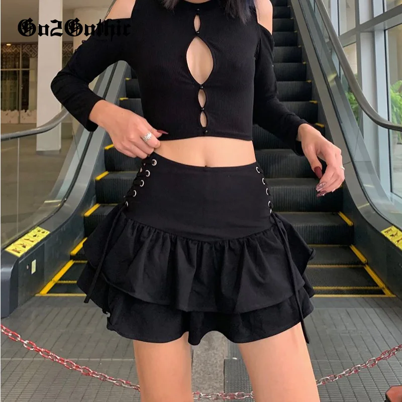 

Goth Black Side Waist Corns Skirt Women Punk Aesthetic High Waist Mini Skirt Gothic Y2k Multilayer Bandage Lace-up Skirt Women