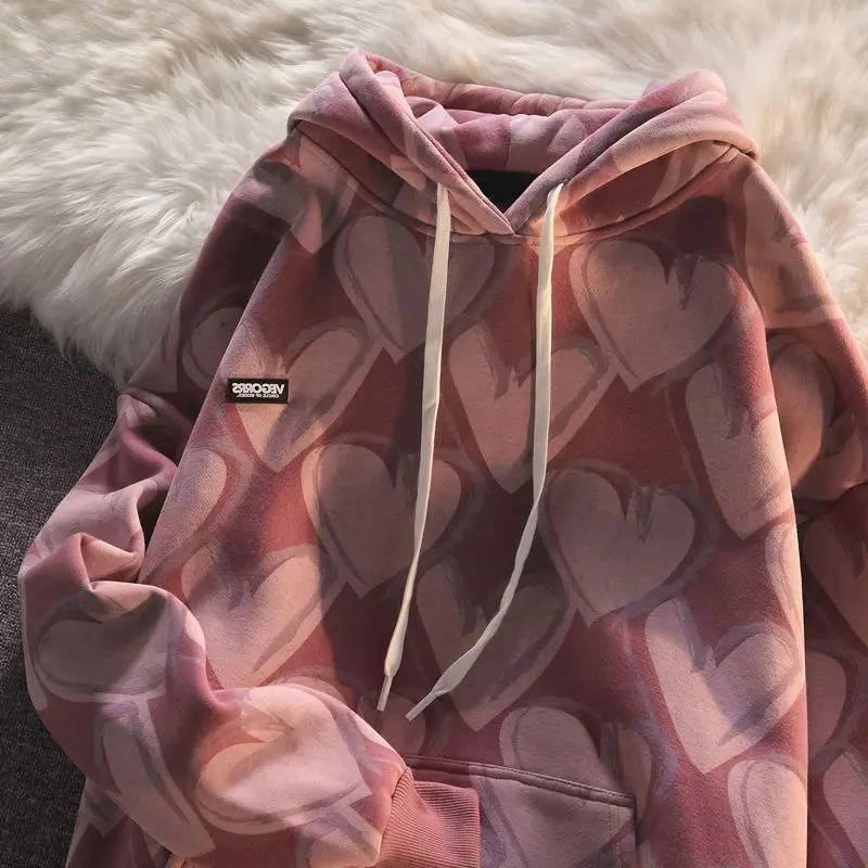 

Women Full Heart Print Oversized Hoodie Sweatshirt Unisex Loose Pullover Hoodies Outwear Harajuku 2022 Spring Autumn Pink Tops