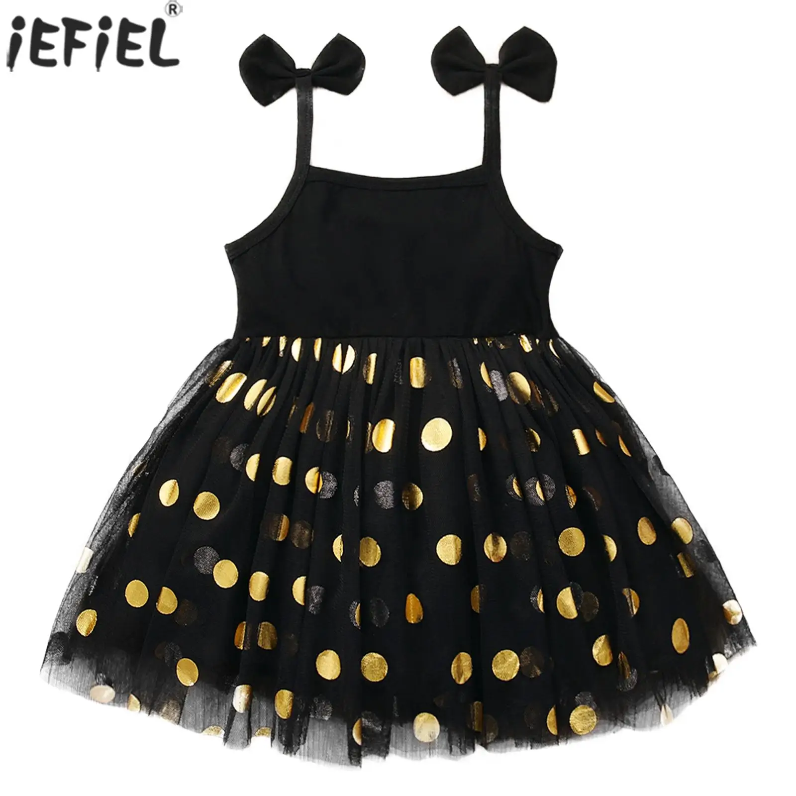 

Black Baby Girls Suspender Skirt Sleeveless Bowknot Decorated Shoulder Straps Polka Dots Mesh Dress for Kids Party Banquet Wear
