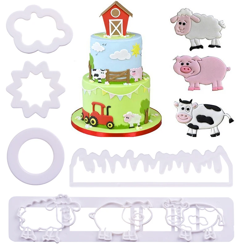 Farm Animal Shape Cookie Mould Cake Decoration Tooling Cute Pig Cow Sheep Grass Fence Dessert fondant Cutter Molds Supplies