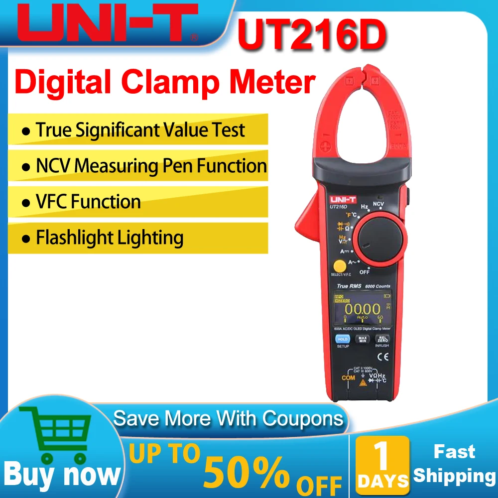 Фото UNI-T UT216D 600A Цифровые клещи NCV V.F.C Диодный ЖК-дисплей с подсветкой OLED-дисплей Аналоговый стержневой графикой Рабочий свет №1