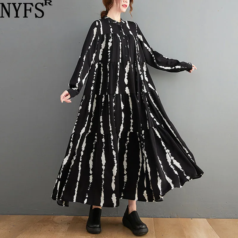 

NYFS 2023 New Spring Autumn Vintage Print Woman Dress Vestidos Robe Elbise Temperament Literature Stand Shirt Dresses