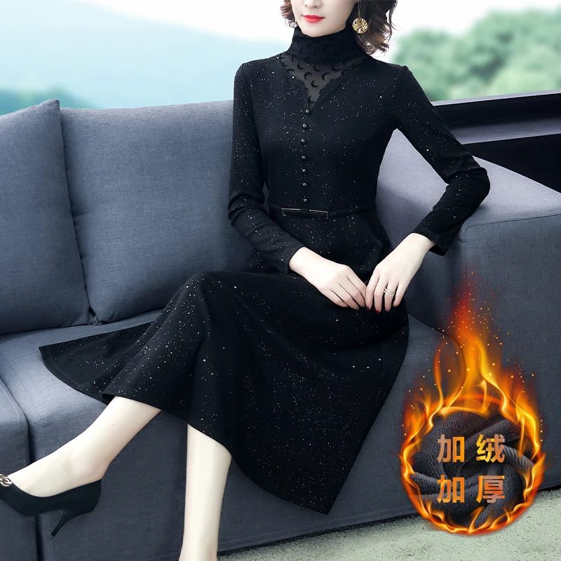

Autumn Winter Black Knitted Cotton Thick Warm Midi Dress Women Fashion Lace Hollow Out Sequined Dress 2023 Elegant Bodycon Dress