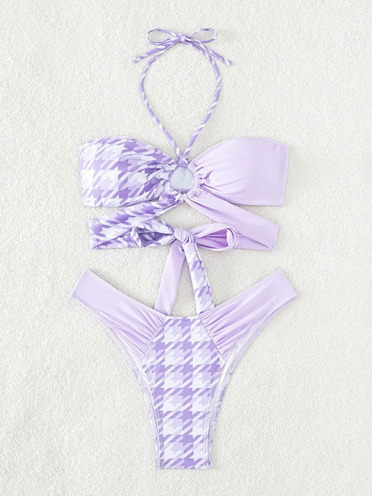

2023 Sexy High Cut Swimsuits Bandeau Bikini Set Thong Swimwear Strapless Women Brazilian Biquinis Set Bathing Suit Lavender